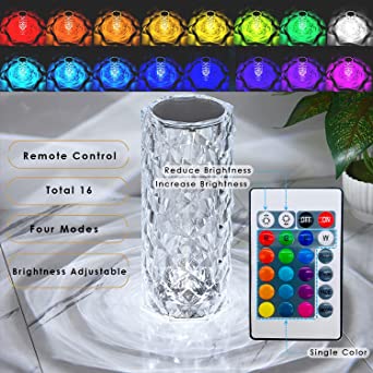 16 Colors Diamond Rose Crystal Touch Lamp, Usb Rechargeable Table Lamp – With Remote