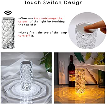 16 Colors Diamond Rose Crystal Touch Lamp, Usb Rechargeable Table Lamp – With Remote