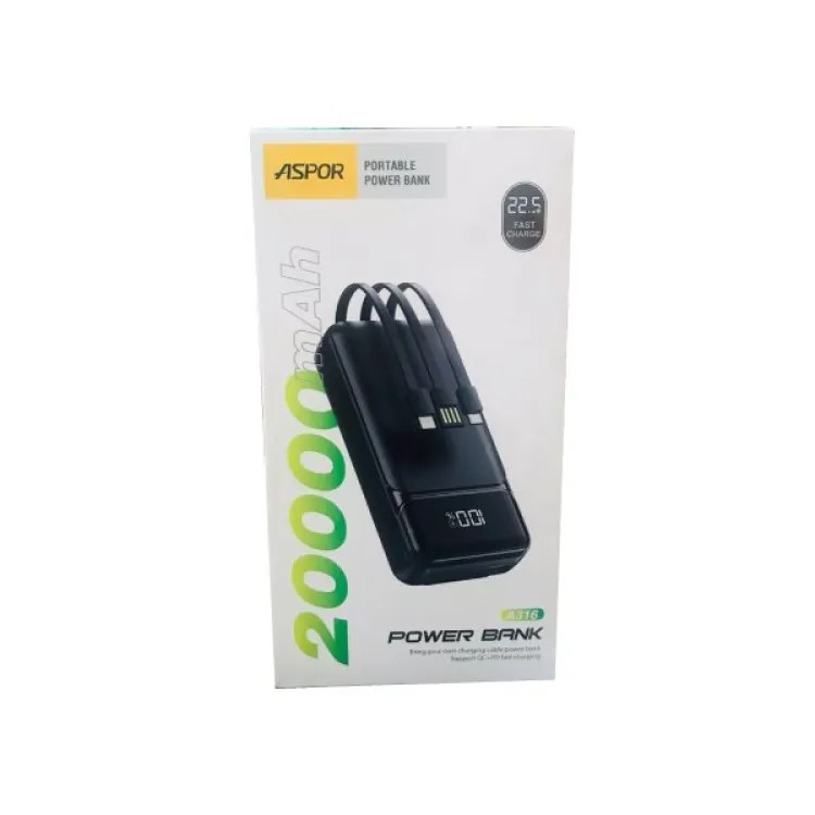 ASPOR A316 20000mAh 22.5W High-Speed Power Bank with Built-in Cable Aspor