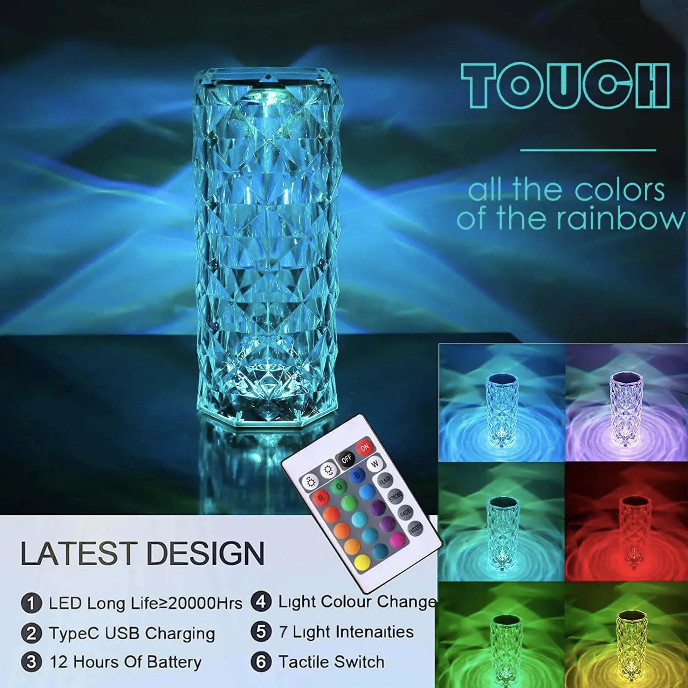 16 Colors Diamond Rose Crystal Touch Lamp, Usb Rechargeable Table Lamp – With Remote